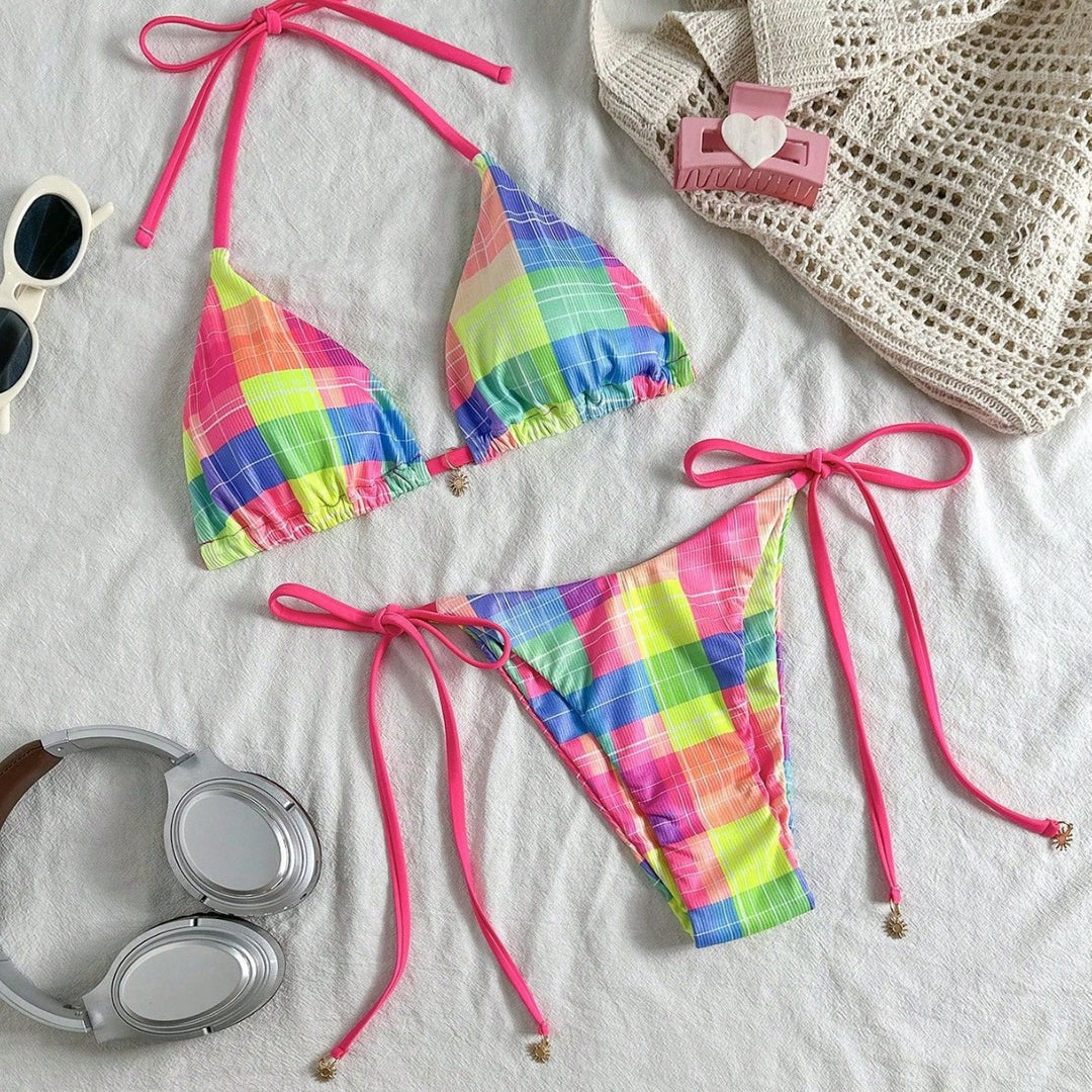 Damen Bunt karierter Triangel-Bikini mit seitlichen Bindebändern Drune