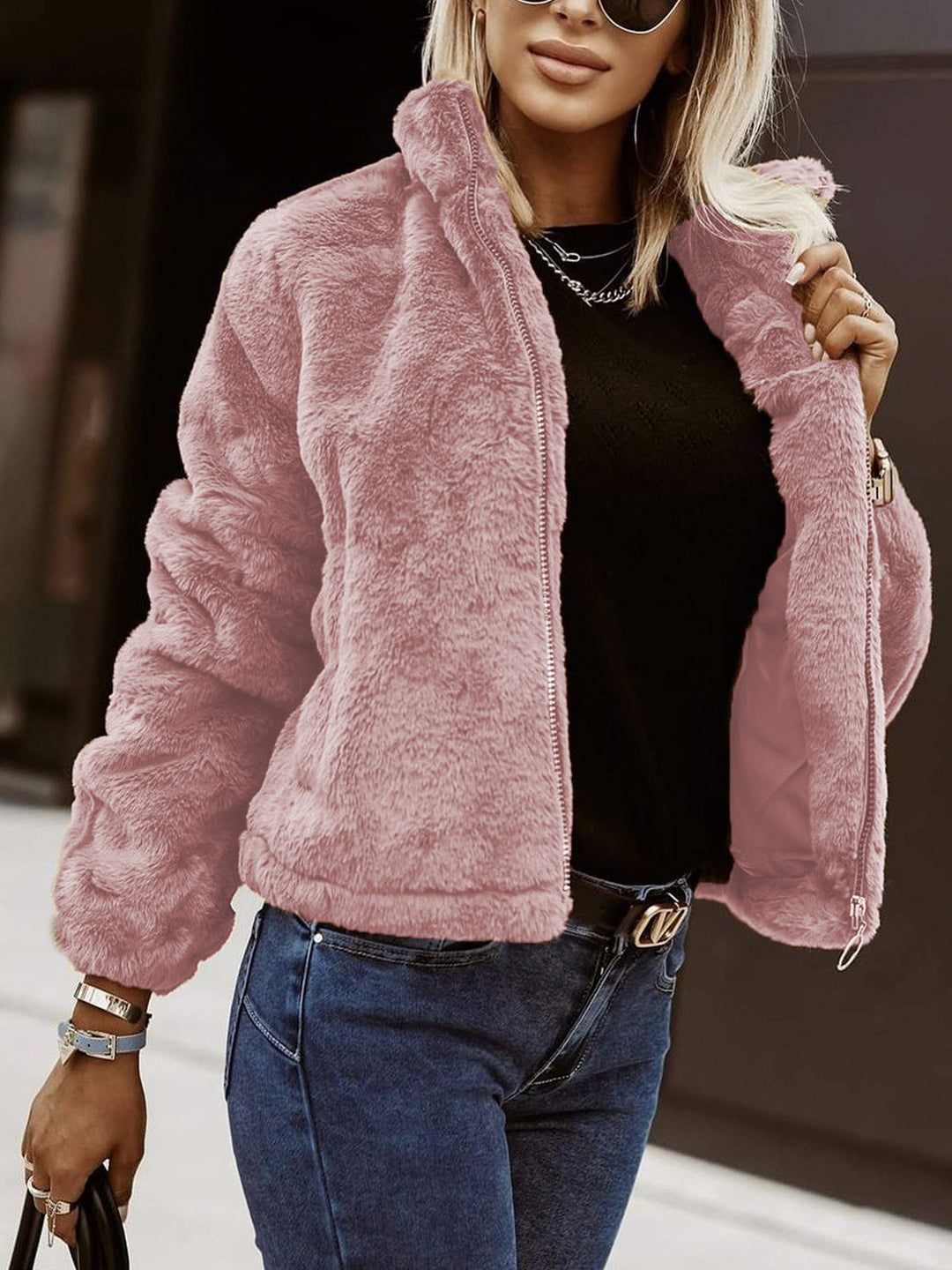 Drune | Weiche Damen Teddy Bomberjacke mit Reißverschluss