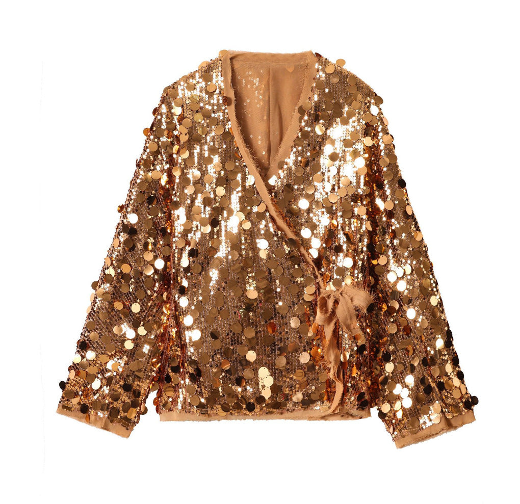 Damen 1900+ Wickel‑Blousonjacke mit großen Pailletten und Satinband Drune