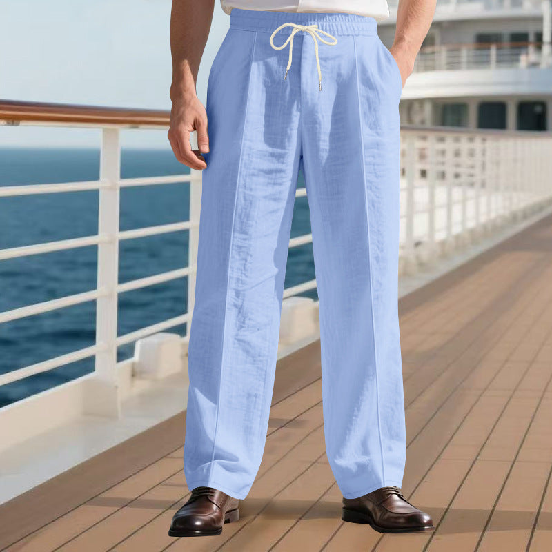 Herren nan legere Leinen-Bundfaltenhose mit elastischem Bund und Kordelzug Drune