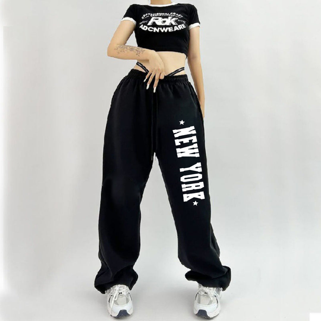 Damen nan weiche Highwaist-Sweatpants mit seitlichem New York-Print, elastischem Bund und Kordel Drune