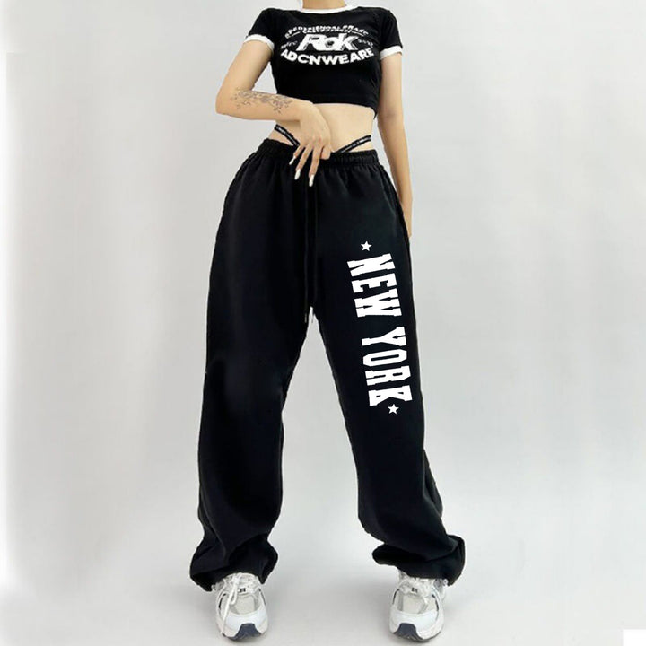 Damen nan weiche Highwaist-Sweatpants mit seitlichem New York-Print, elastischem Bund und Kordel Drune