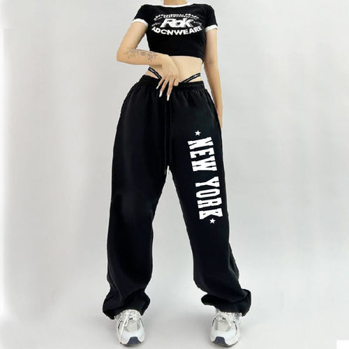 Damen nan weiche Highwaist-Sweatpants mit seitlichem New York-Print, elastischem Bund und Kordel Drune