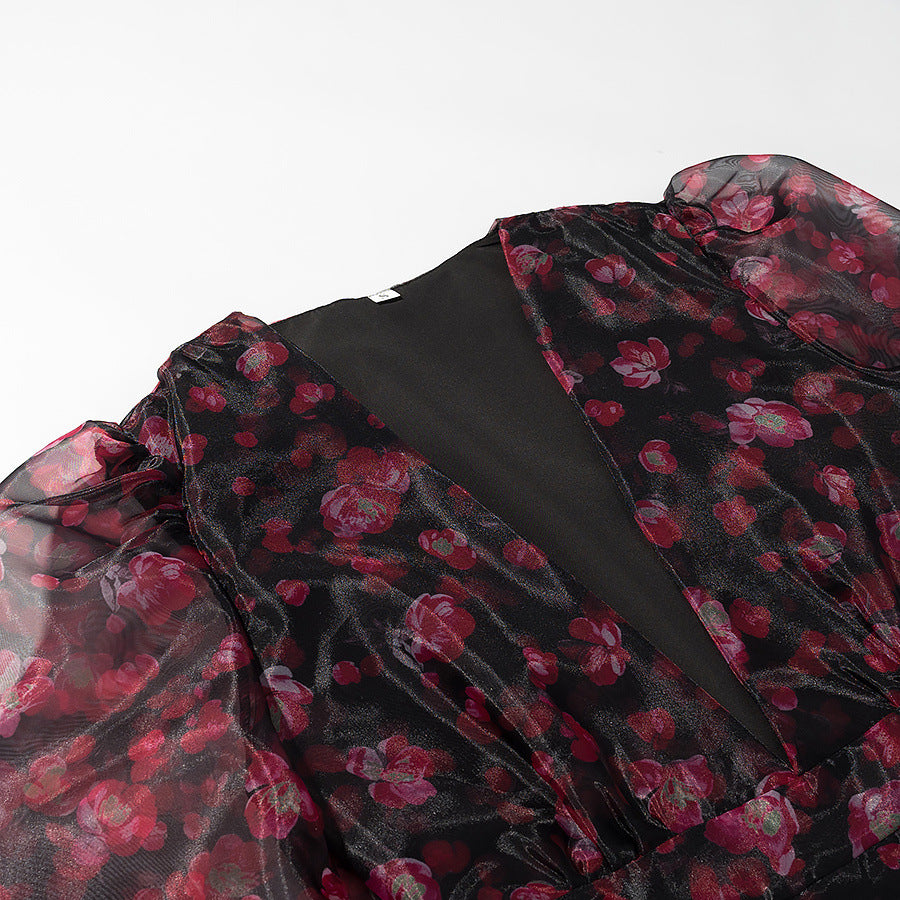 Damen Florales Chiffon-Minikleid mit tiefem V‑Ausschnitt, Rüschenstufen und Trompetenärmeln Drune