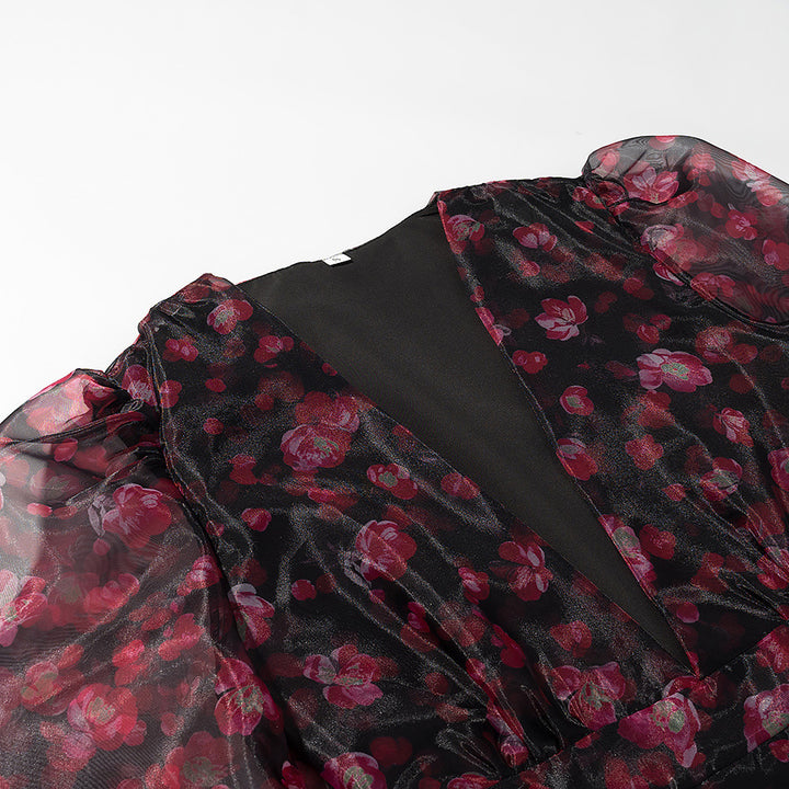 Damen Florales Chiffon-Minikleid mit tiefem V‑Ausschnitt, Rüschenstufen und Trompetenärmeln Drune