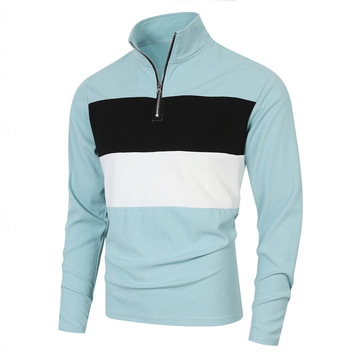 Herren Halbzip-Pullover mit Stehkragen, breitem Blockstreifen und fein gerippter Struktur Drune