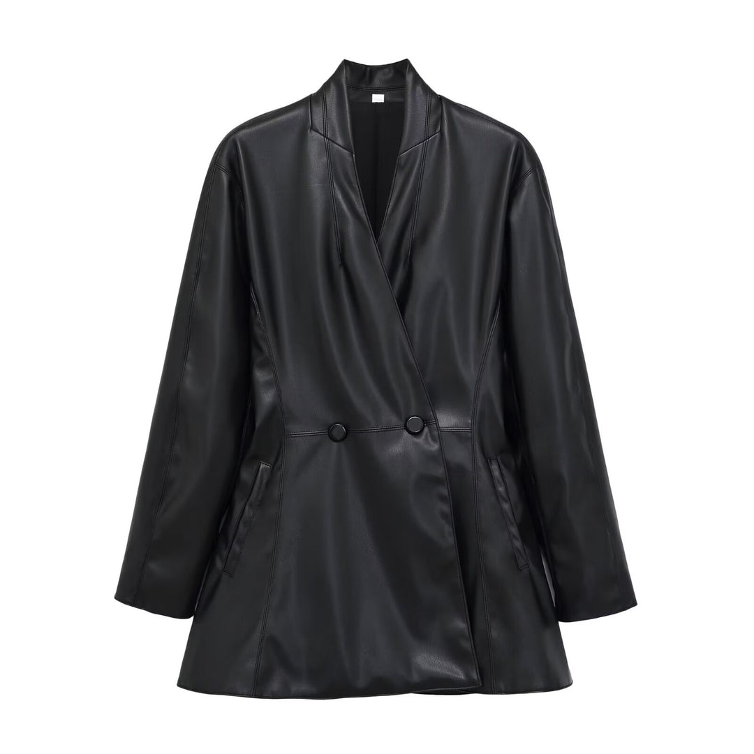 Damen Langer doppeltreihiger Blazer‑Mantel aus veganer Lederoptik mit Schalkragen Drune