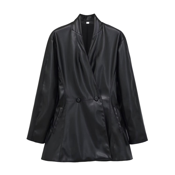 Damen Langer doppeltreihiger Blazer‑Mantel aus veganer Lederoptik mit Schalkragen Drune