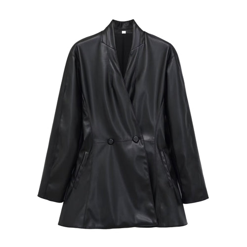 Damen Langer doppeltreihiger Blazer‑Mantel aus veganer Lederoptik mit Schalkragen Drune