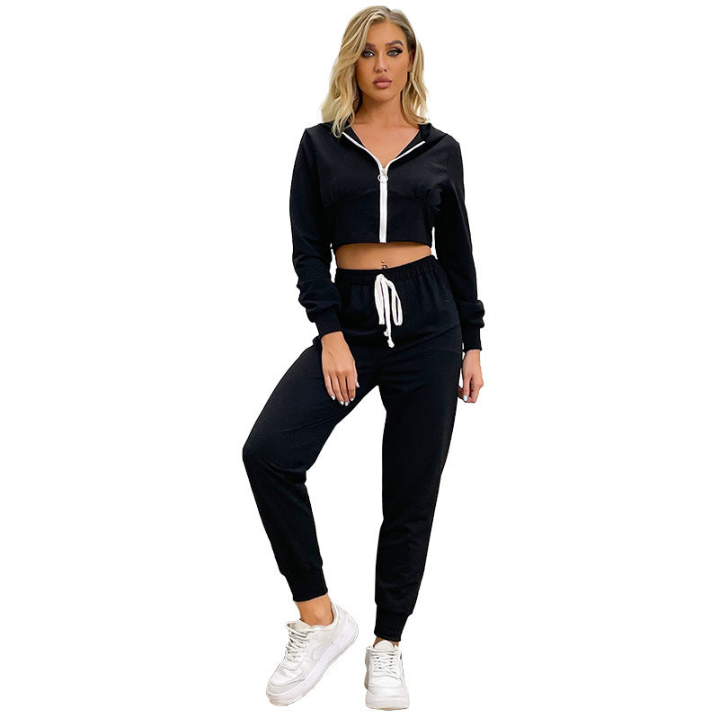 Damen Zweiteiliger Velours-Jogginganzug mit Cropped-Kapuze und Tunnelzughose Drune