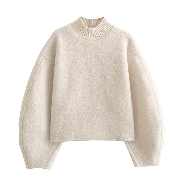 Damen Oversize Cropped Pullover mit Stehkragen und Ballonärmeln Drune