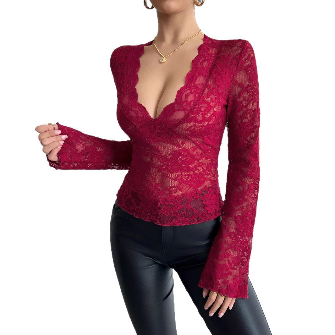 Damen nan tailliertes Spitzenshirt mit tiefem V-Ausschnitt, floraler Netzspitze und langen Ärmeln Drune