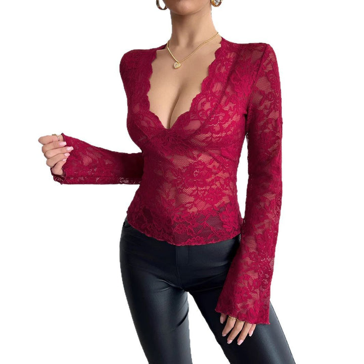 Damen nan tailliertes Spitzenshirt mit tiefem V-Ausschnitt, floraler Netzspitze und langen Ärmeln Drune