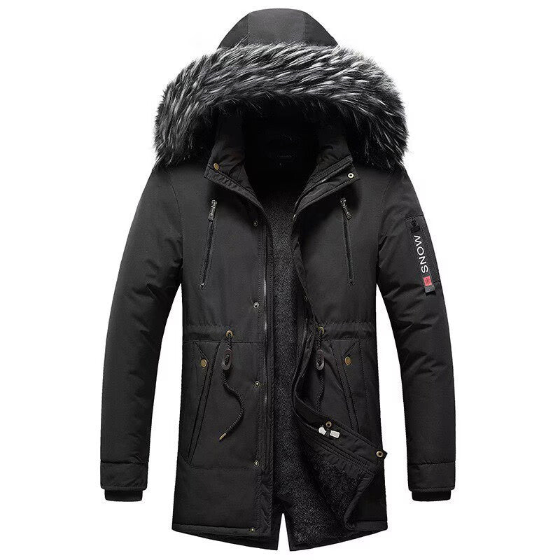 Herren Winterparka mit Kunstfellkapuze, gefütterter Thermo-Mantel mit Kordelzug Drune