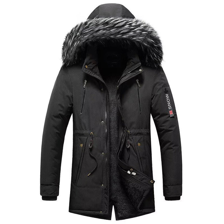 Herren Winterparka mit Kunstfellkapuze, gefütterter Thermo-Mantel mit Kordelzug Drune