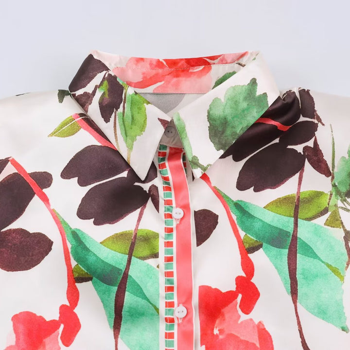 Damen Leichte seidenähnliche Hemdbluse mit Aquarell-Blütenprint und Kontrastborte Drune