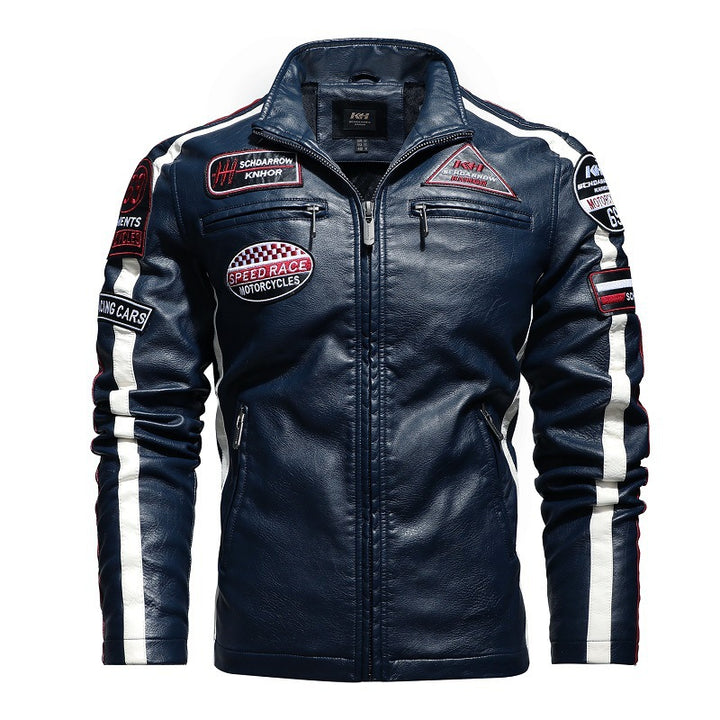 Herren Racing-Style Kunstlederjacke mit Aufnähern, Kontraststreifen und Stehkragen Drune
