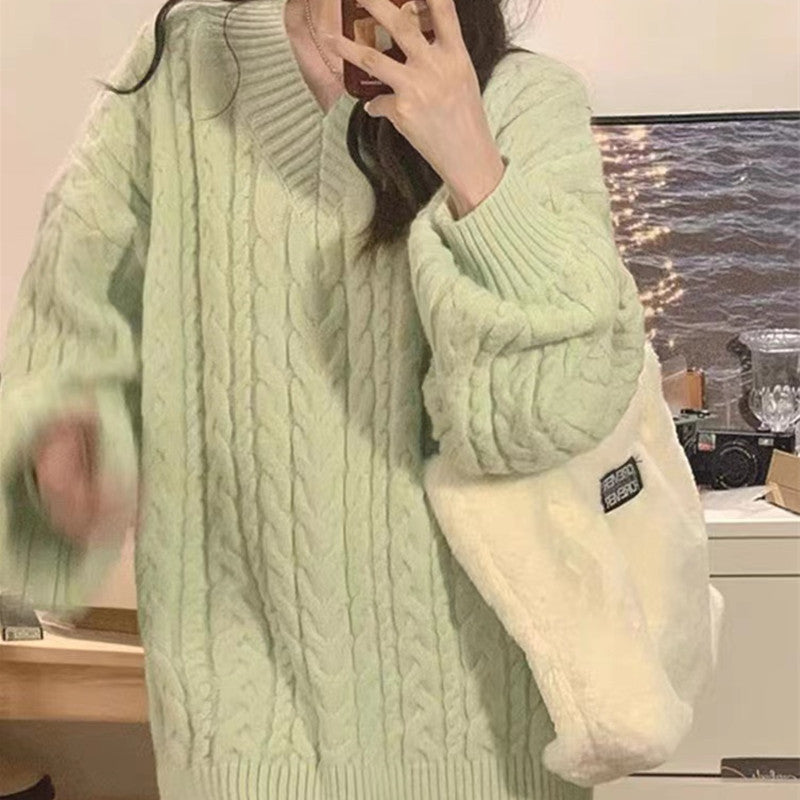 Damen Grobstrickpullover mit V-Ausschnitt und voluminösen Ärmeln Drune
