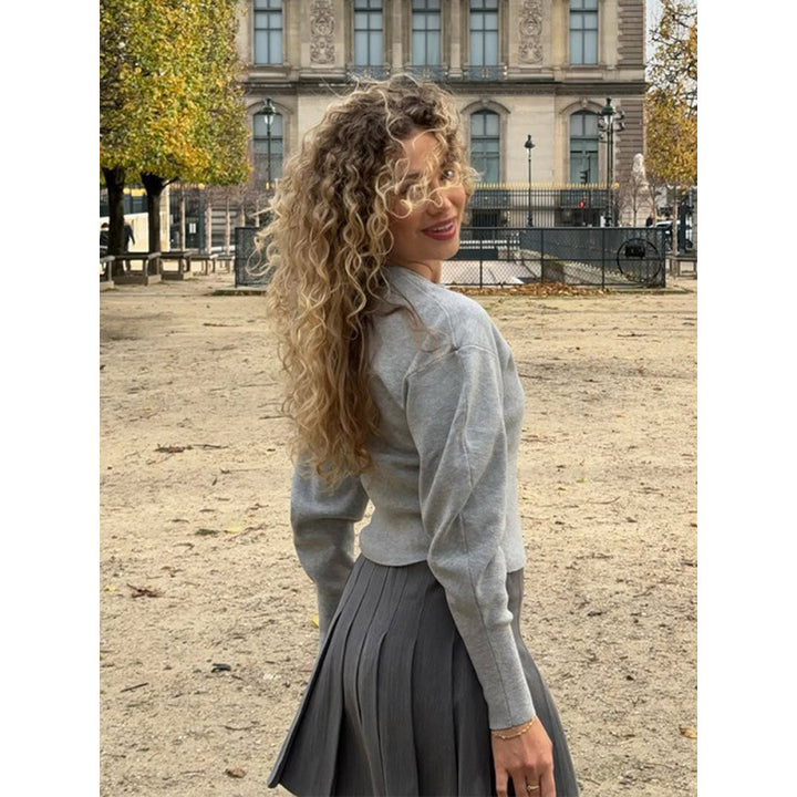 Damen modische Strickjacke mit plissierten Ärmeln und Knopfdetails Drune