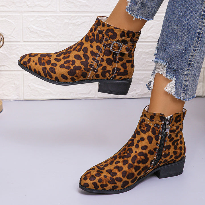 Damen Leo-Muster Ankle Boots mit Reißverschluss und Blockabsatz Drune