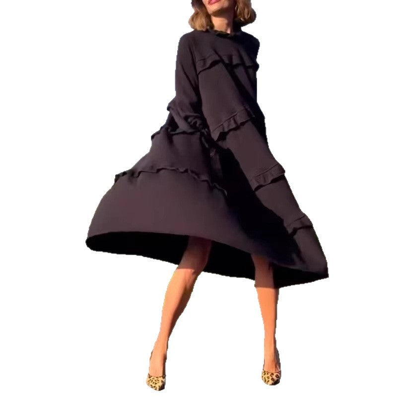 Damen nan kastiges Stufenmidikleid mit Rüschenkragen, gerafften Manschetten und verdeckten Seitentaschen Drune