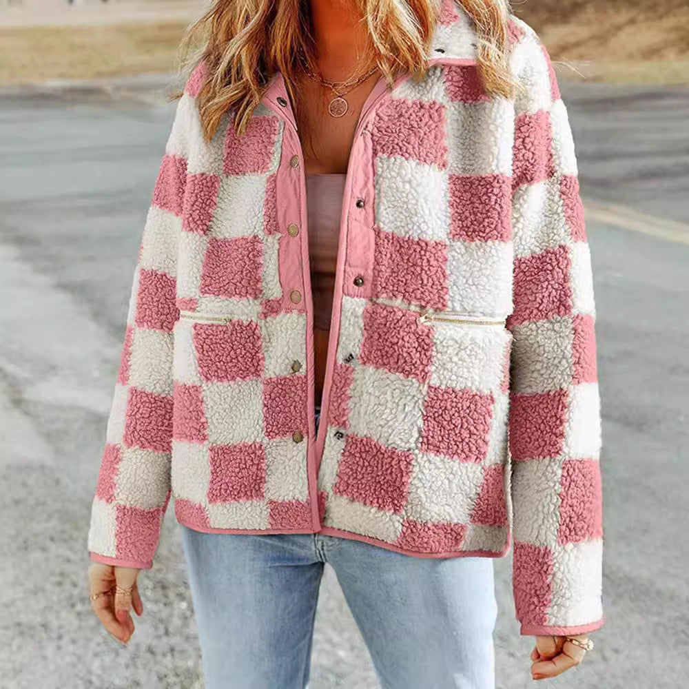 Damen flauschige Karojacke mit praktischen Taschen und Knopfverschluss Drune