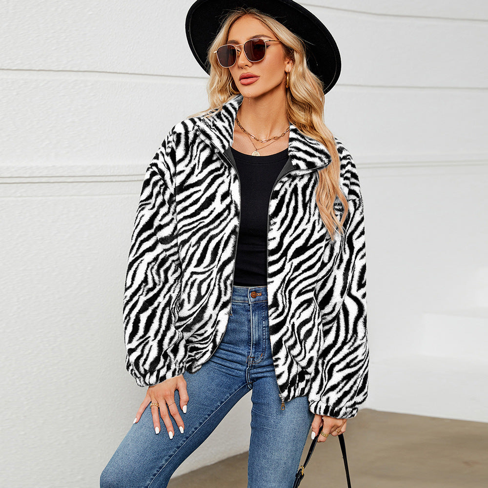 Damen Fleece-Jacke mit Zebra-Muster Drune