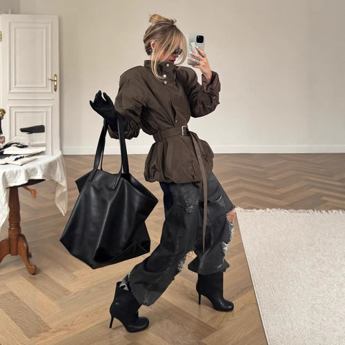 Damen Kurz geschnittener taillierter Trenchcoat mit Stehkragen und Bindegürtel Drune