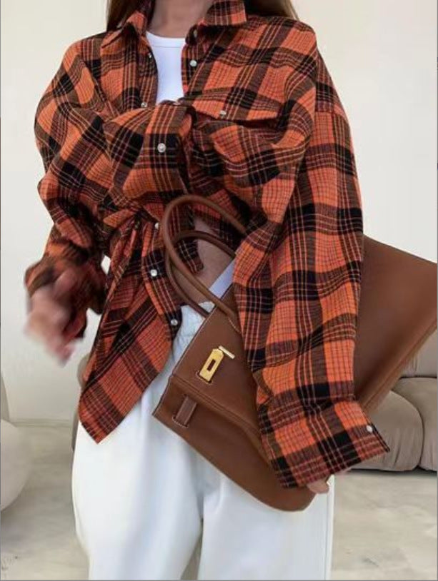 Damen Karo Oversize Flanellhemd Bluse mit Druckknopfblende und Hemdkragen Drune