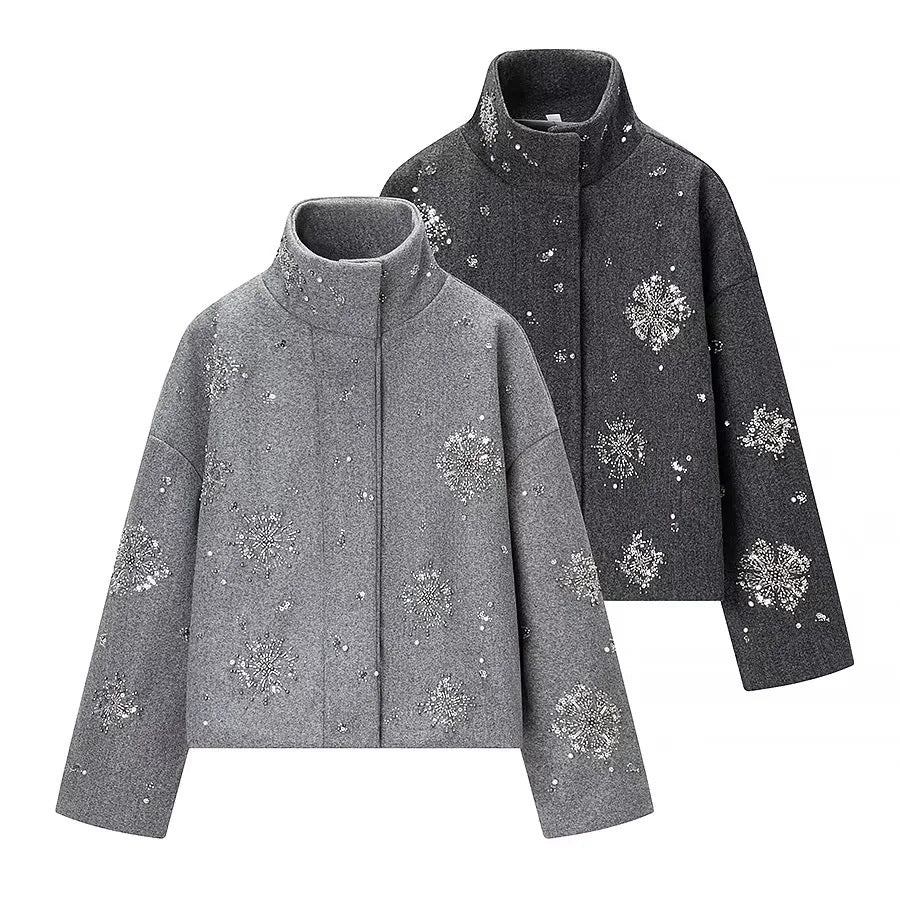 Damen nan boxy Kurzjacke mit hohem Stehkragen und funkelnder Perlen‑ und Paillettenstickerei Drune