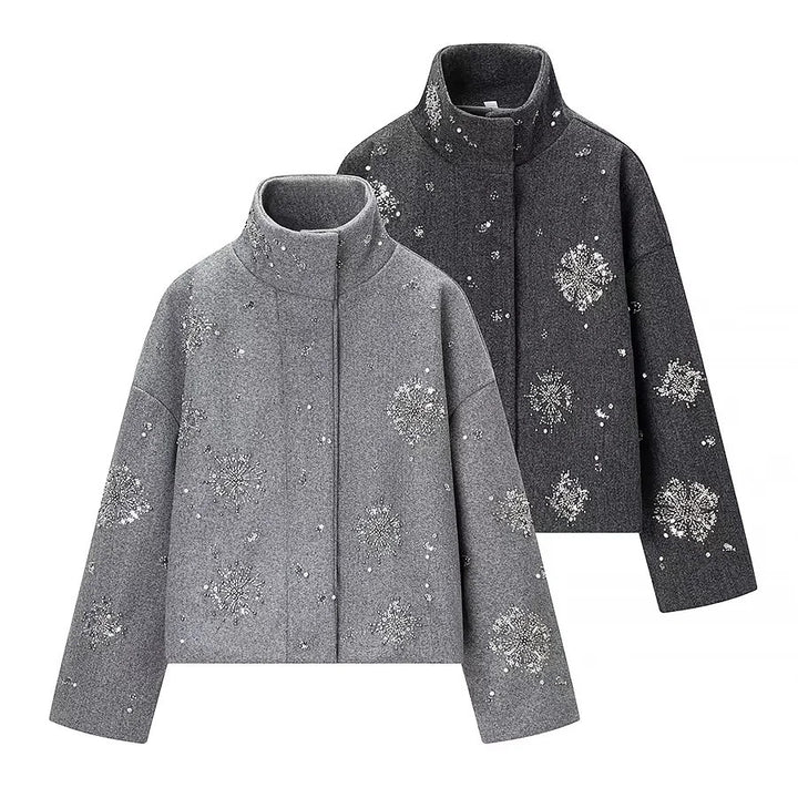 Damen nan boxy Kurzjacke mit hohem Stehkragen und funkelnder Perlen‑ und Paillettenstickerei Drune