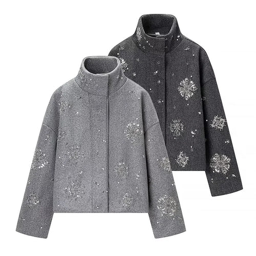 Damen nan boxy Kurzjacke mit hohem Stehkragen und funkelnder Perlen‑ und Paillettenstickerei Drune