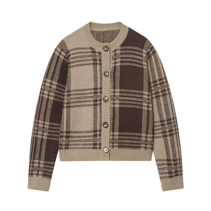 Damen nan kastige Karostruktur-Strickjacke mit Hornknopf‑Front und tailliertem Rippbund Drune