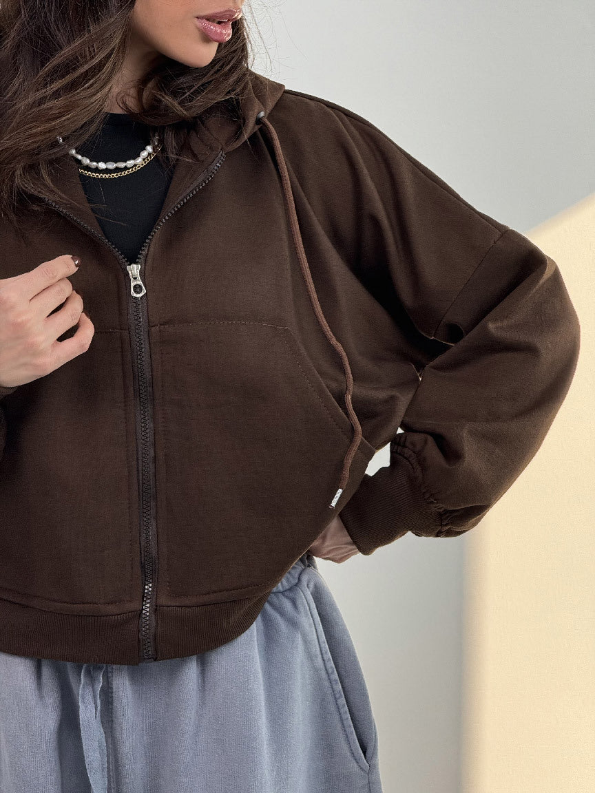 Damen lässiger Zip-Hoodie mit weit geschnittenen Ärmeln und praktischen Taschen Drune