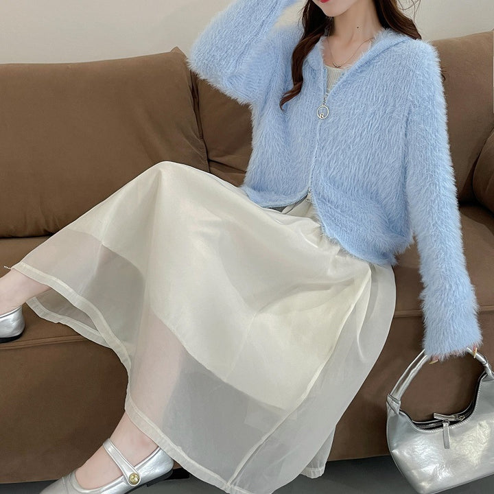 Damen kuschelige Strickjacke mit Kapuze und weichem Material Drune
