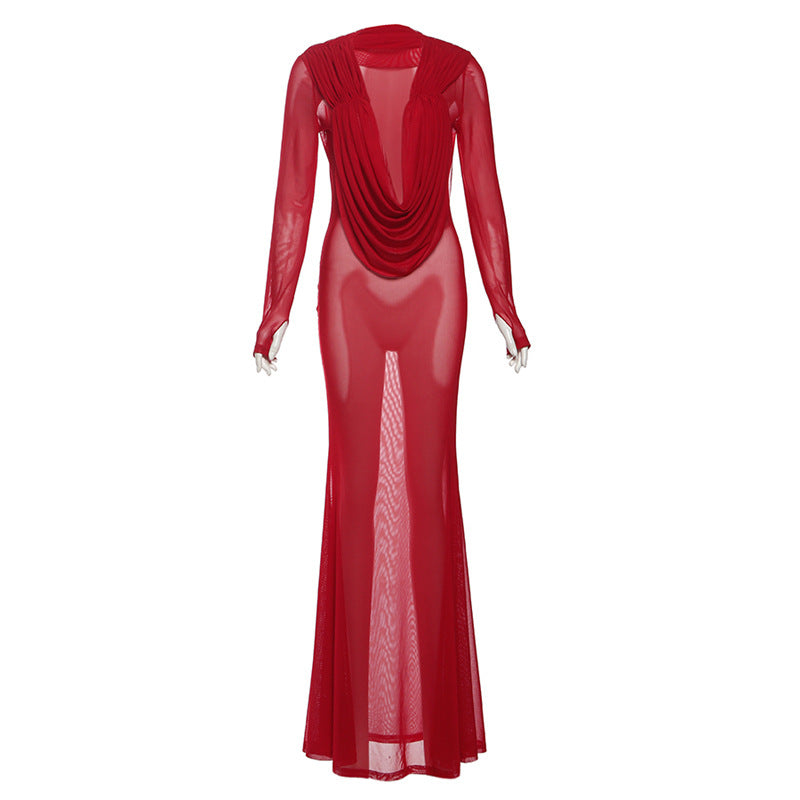 Damen Elegantes lange Kleid mit tiefem V-Ausschnitt und Raffungen Drune
