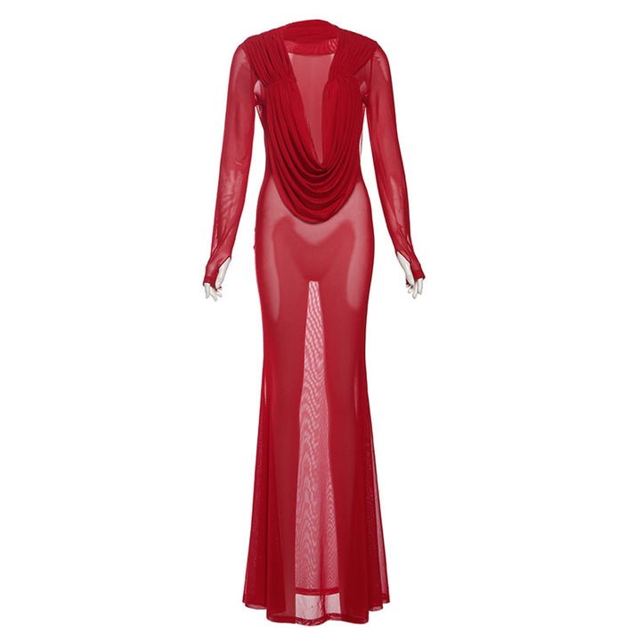Damen Elegantes lange Kleid mit tiefem V-Ausschnitt und Raffungen Drune