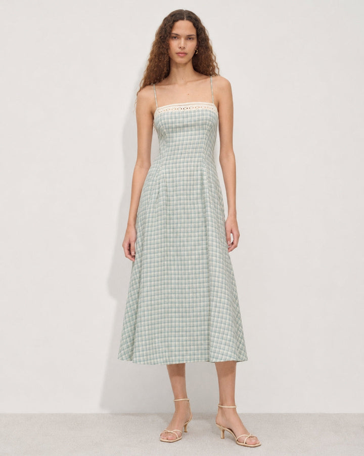 Damen nan Vintage-inspiriertes Midikleid mit schmalen Spaghettiträgern, Spitzenpassé und ausgestelltem Tellerrock Drune