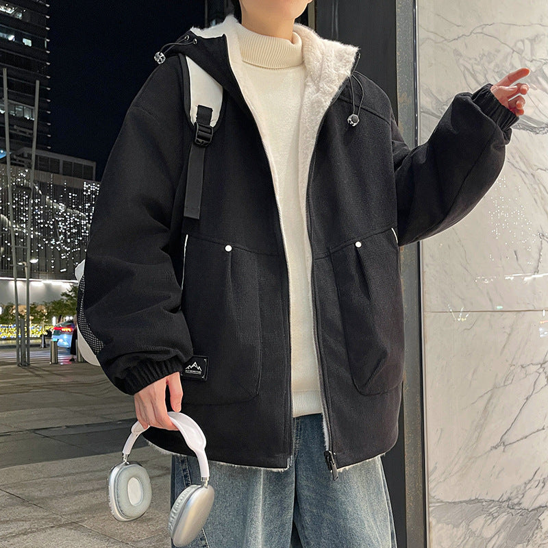 Herren Oversize Kapuzenjacke mit Teddyfutter, Zwei-Wege-Reißverschluss und Utility-Taschen Drune
