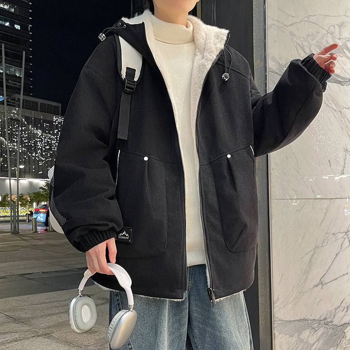 Herren Oversize Kapuzenjacke mit Teddyfutter, Zwei-Wege-Reißverschluss und Utility-Taschen Drune