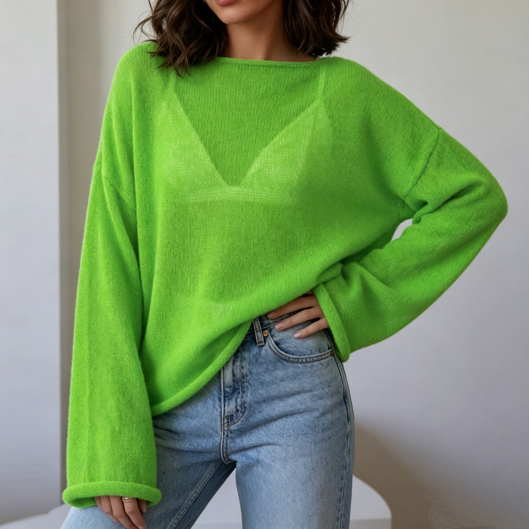 Damen luftiger Oversize-Feinstrickpullover mit weitem Arm und Rundhalsausschnitt Drune