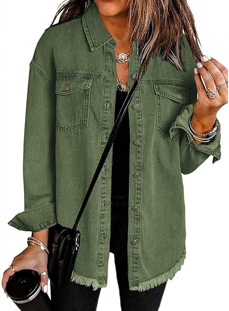 Damen Oversize Jeanshemdjacke mit Fransensaum Drune