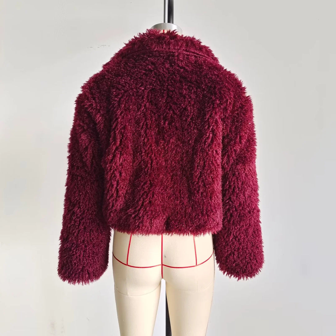 Damen nan kurze Teddy-Kunstfelljacke mit großem Schalkragen, kastigem Cropped‑Schnitt und weicher Plüschstruktur Drune
