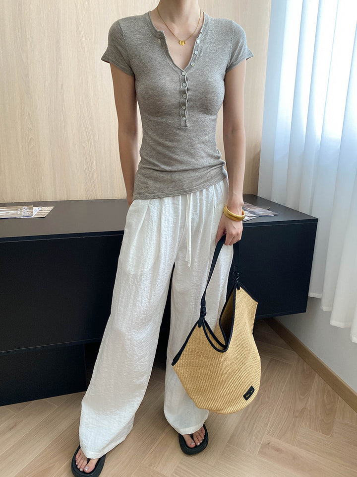 Damen figurbetontes Kurzarm-Henley-Shirt mit Knopfleiste Drune