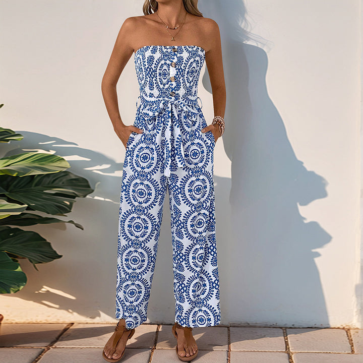 Damen lässiger Jumpsuit mit floralem Druck und praktischem Taillengürtel Drune