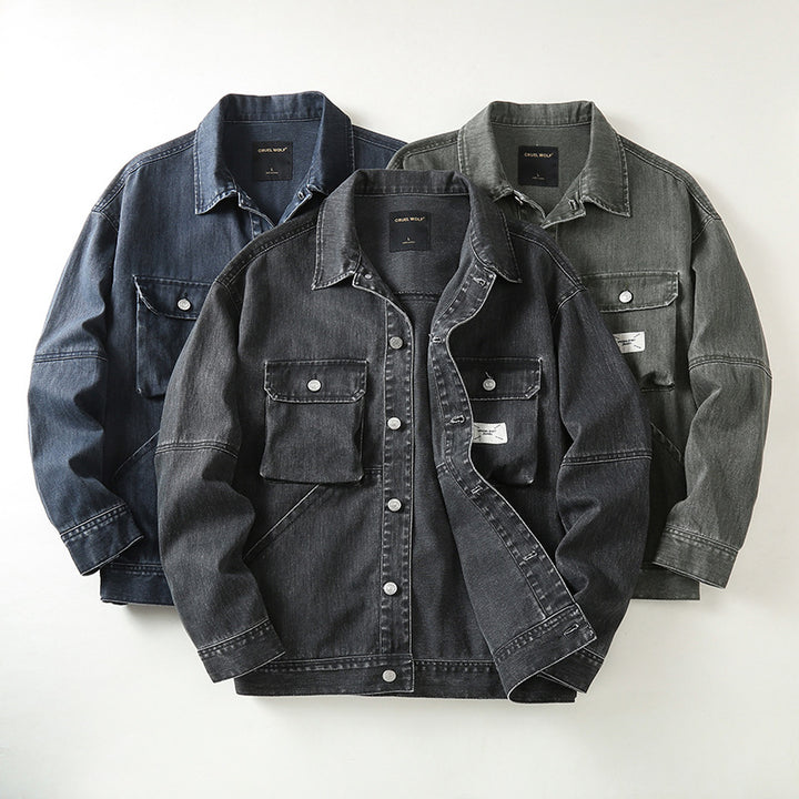 Herren Utility-Denimjacke mit Oversized-Brusttaschen und durchgehender Knopfleiste Drune