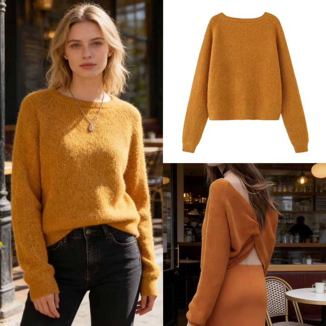 Damen Grobgestrickter Pullover mit U-Boot-Ausschnitt und Cropped-Schnitt Drune