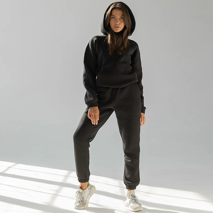 Damen nan zweiteiliges Komfort-Loungewear-Set mit oversized Kapuzenpullover, Kängurutasche und elastischem Knöchel-Jogger aus French Terry Drune