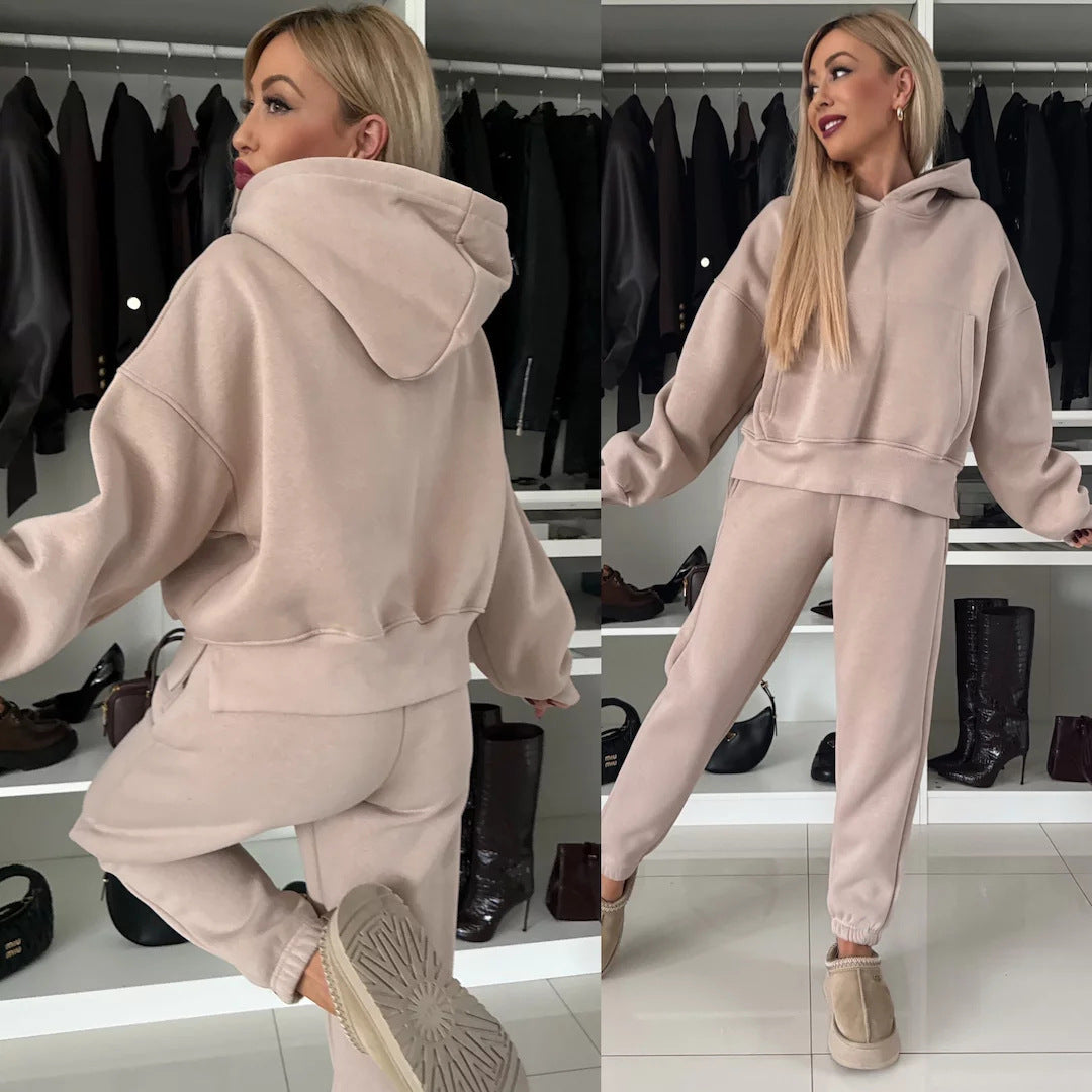 Damen Kurzgeschnittenes Kapuzen-Hoodie und High‑Waist Jogginghose Set aus weichem French-Terry Drune