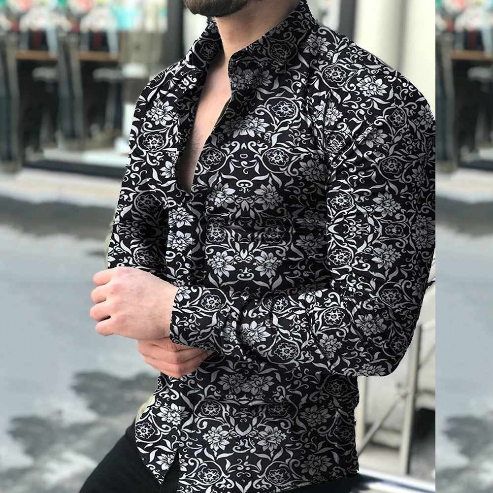 Herren nan figurbetontes Langarmhemd mit feinem Ornamentmuster und stretch Baumwollmischung Drune